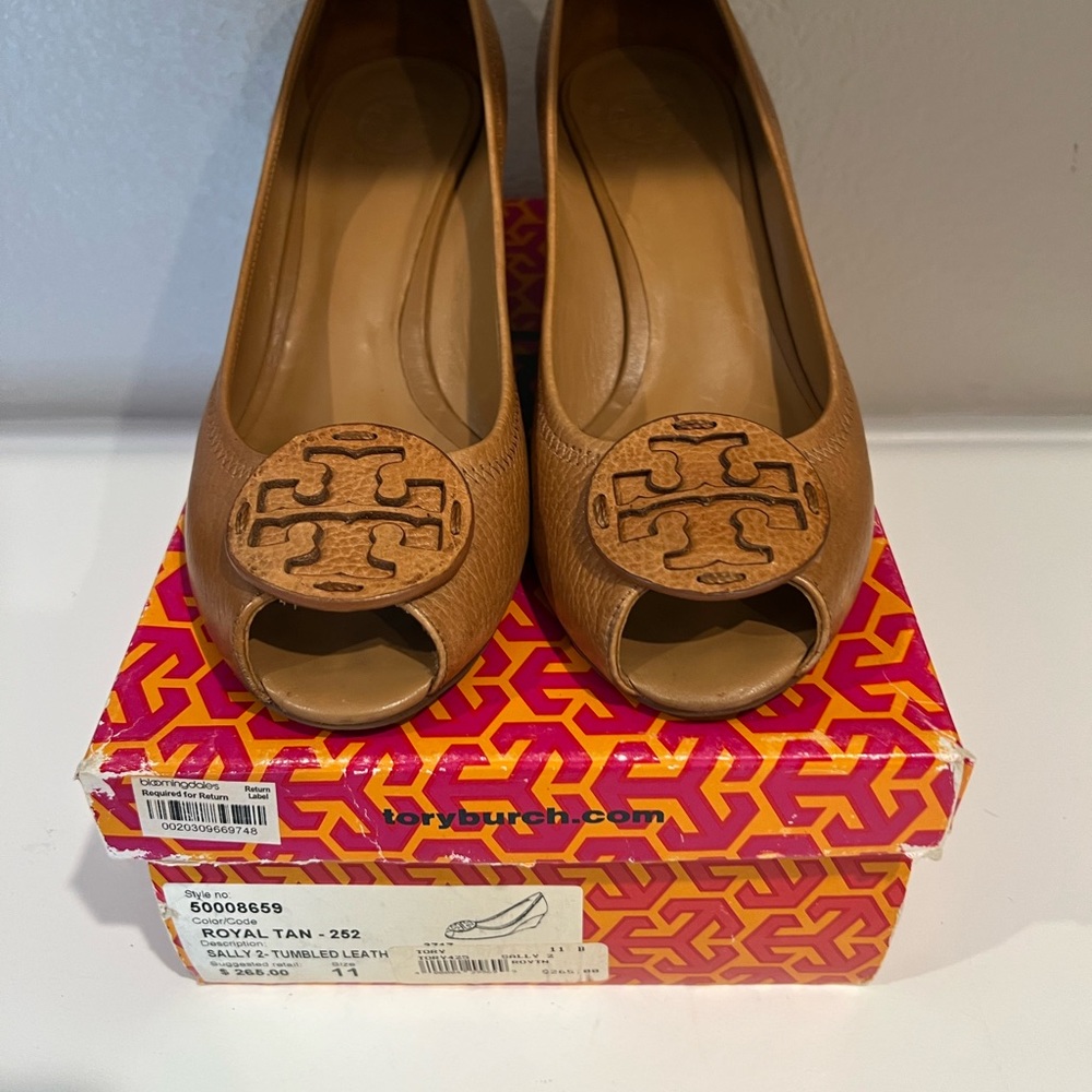 Tory Burch Sally 2 leather wedge royal tan sz 11